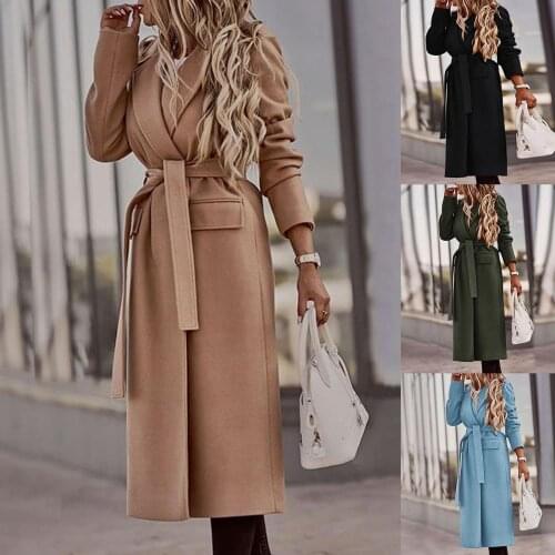 40%HOTAutumn Winter Women Lapel Long Sleeve Outerwear Solid Color Belt Coat Jacket