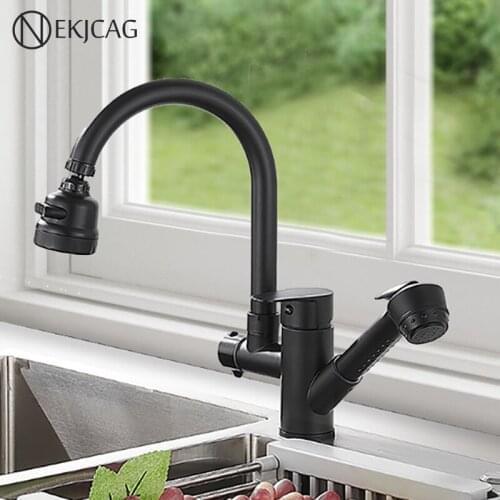 Matte Black Brass Kitchen Sink Faucet Contemporary Fashion Multifunctional Water Outlet Hot and Cold Faucet Deck Installation