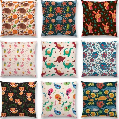 Cute Little Animals Sweet Spring Hedgehog Rabbit Bird Fox Flamingo Beautiful Floral Pattern Cushion Cover Sofa Throw Pillow Case