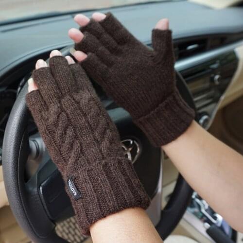 Fashion Male Warm Fingerless Gloves Genuine Sheep Wool Mitt Exposed Finger Autumn Knitted Wrist Mittens Driving Gloves For Men