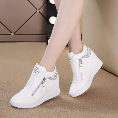 Autumn Winter Women Wedge Boots Side Zipper Leather Casual Shoes Sequins Womens Internal Heighten Sneaker Plus Size 34-42