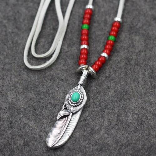Takahashi Goro Retro Thai Silver Glass Beads Deerskin Rope S925 Sterling Silver Ornament Inlays Feathers Pendants Sets Necklace