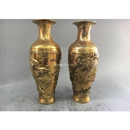 Pair 11'' brass home fengshui decor carved Dragon phoenix vase statue