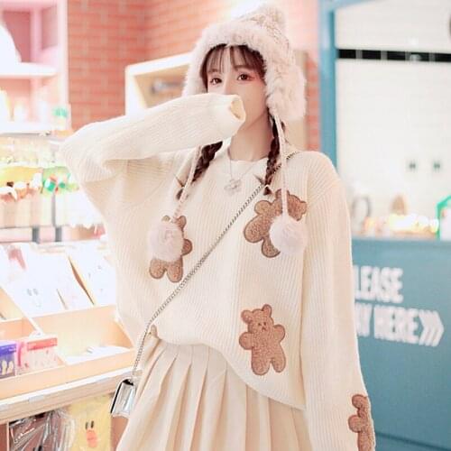 Sweet Soft Girl Bear Women Jumper College Style Lovely Cartoon Embroidery Beige Long Sleeve Pullover Harajuku Thick Sweater