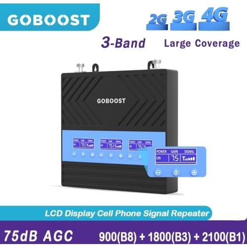 GOBOOST 2G 3G Cellular Repeater 4G LTE 900 1800 2100MHz AGC Mobile Signal Booster GSM DCS WCDMA 75dB 27dBm 4G Network Amplifier