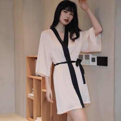 Spring Summer Thin Womens Sexy Robe Imitation Silk Large Size Home Bathrobe Color Contrast Fashion Morning Gown Nightgown