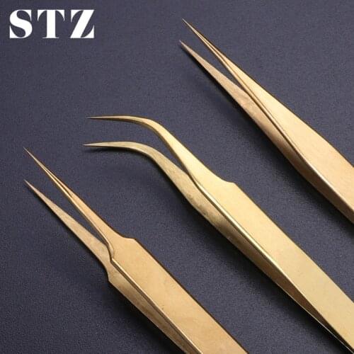 STZ 1pcs Gold Tweezers For Rhinestones Picker Eyelash Curler Straight Curved Eyebrow Tweezers Pro Pincet Nail Beauty Tool G01-03