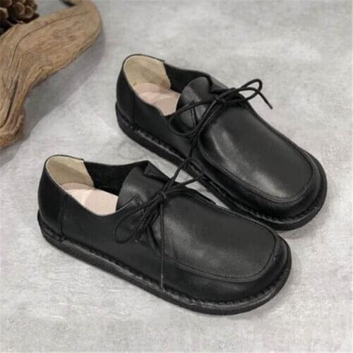 Women Loafers Shoes Cow Genuine Leather Females Shallow Flats Shoes Woman Lace Up Round Toe soft Retro Casual shoes for women
