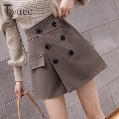 Trytree 2020 Spring Autumn Casual Woman Shorts Skirt High Waist Double Breasted Solid Office Lady Zip Wide Legs Shorts Skirt