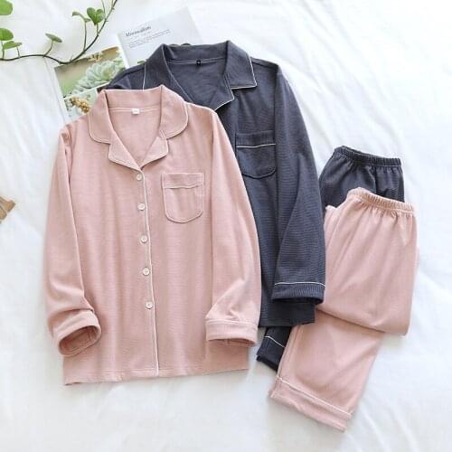 Spring and autumn new couple pajamas women autumn and winter striped long-sleeved home service mens plus size two-piece suit