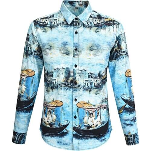Mens Shirt Fashion Ethnic Style Vintage Printing Casual Slim Long Sleeve Street youth Party Shirt men Comfortable Tops style