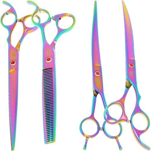 8.0" Japan Steel Dogs Scissors Straight Shears 7.5" Thinning Tijeras Animal Curved Tesoura Pets Grooming Scissors Forceps B0052A