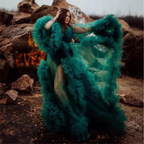 Green Maternity Celebrity Dress V Neck Luxury Ruffles Skirts for Photoshoot Boudoir Lingerie Bathrobe Nightwear Babydoll Robes