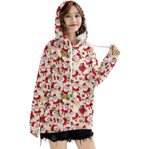Christmas 2021 Santa Claus Deer Hoodies Women Fashion Christmas 3D Print Loose Sweatshirt Hoodie Pullover Autumn Winter Coats