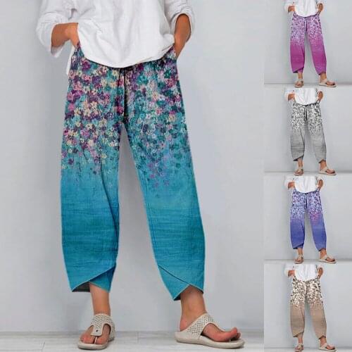 Women Autumn Vintage Floral Printed Long Pants Casual Pocket Elastic Waist Harem Pants Female Loose Harajuku Trousers Streetwear