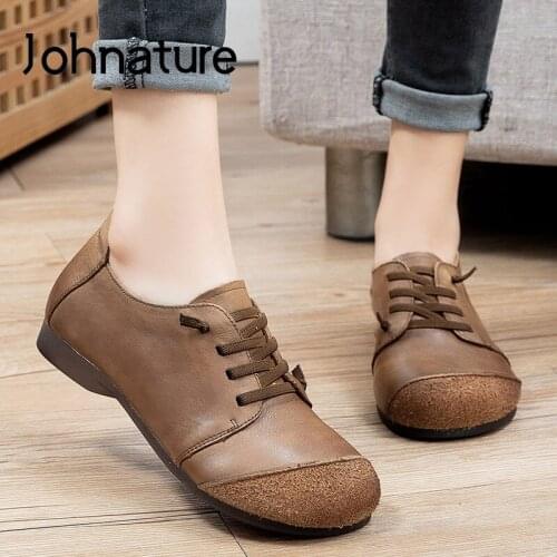 Johnature Spring/Autumn 2021 New Genuine Leather Flats Women Shoes Elastic Band Round Toe Handmade Concise Shallow Ladies Shoes