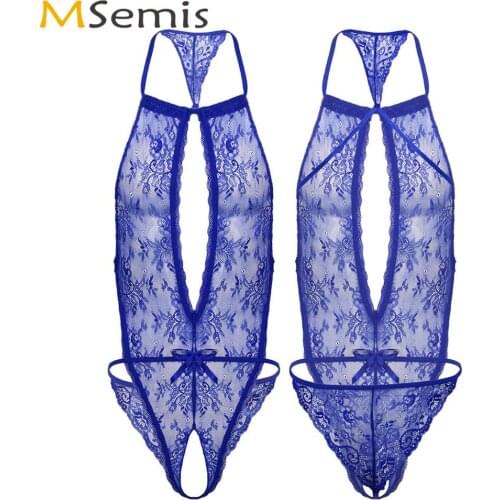 Men Sissy One-piece Lace Floral Lingerie Porno See Through Teddy Bodysuit Sexy Gay Nightwear Erotic Backless Open Crotch Catsuit