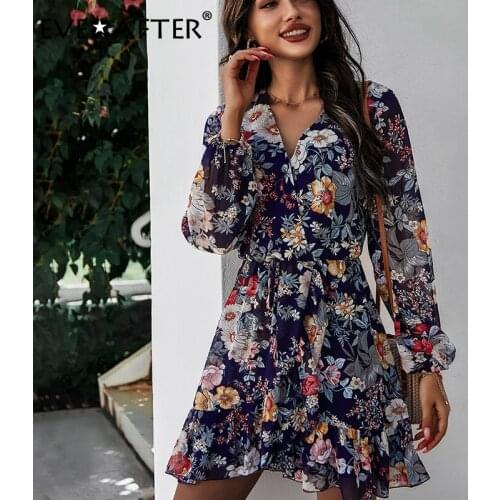 EVERAFTER Women Floral Print Dress Elegant Long Sleeve A-line Vintage Chiffon Dress High Waist Holiday Style Spring Female Dress