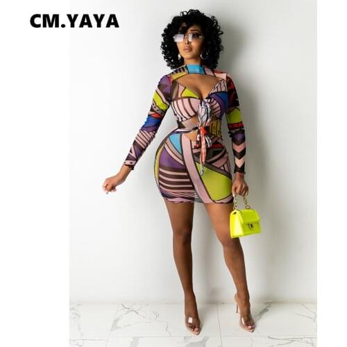 CM.YAYA Women Dress Print Mesh See-through Bandage Hollow Out Skinny Elastic Mini Dresses Spring Fashion Vestidos