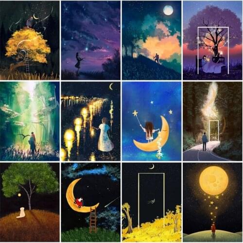 5D Diamond Painting Cartoon Night Scene Moon Mosaic Picture Diy Full Diamond Home Background Wall Decoration Painting