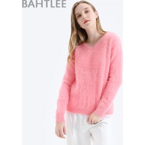 BAHTLEE Women Angora Pullovers Sweater Pure color Autumn Winter Wool Knitted Jumper Long Sleeves V-Neck Suit Basic Style