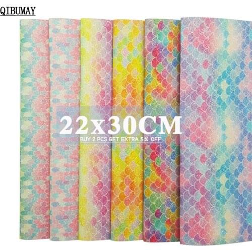 QIBUMAY 22*30cm Mermaid Glitter Bow Fabric Shiny Rainbow A4 Thin glitter Faux Leather Sheet DIY Hair bow Accessories Home Fabric