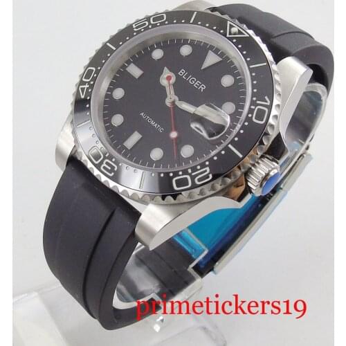 Black rotating bezel rubber strap 40mm black dial sapphire glass date luminous automatic mens watch movement