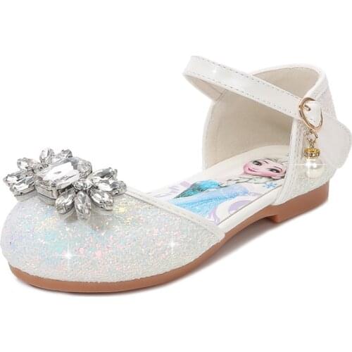 Disney childrens flat shoes girls cartoon elsa princess crystal shoes baby soft sole shoes frozen casual sandals