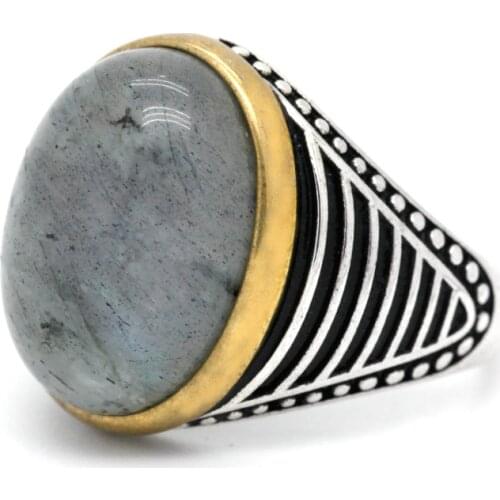 Mens Ring with Natural Labradorite Stone 925 Sterling Silver Vintage Wavelength Rings to Male Women Turkish Lucky Jewelry Gift