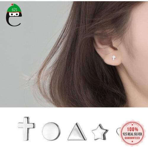 ElfoPlataSi Real 925 Sterling Silver Fashion Mini Cross Heart Triangle Star Stud Earring For Women Wedding Fine Jewelry DD964