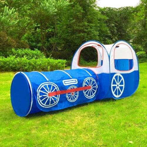 Kids Tunnel Tent with Train Pattern Playhouse Birthday Present for Children Toddlers, Foldable & Durable (Blue)