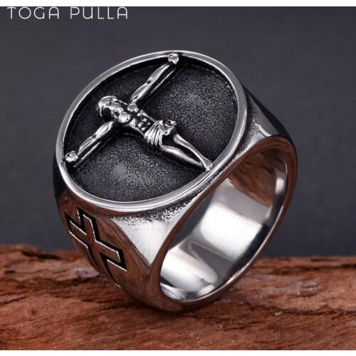 Classic Jesus Cross Ring Mens Silver Color 316L Stainless Steel Christ Signet Ring Male Punk Biker Rings Jewelry Dropshipping