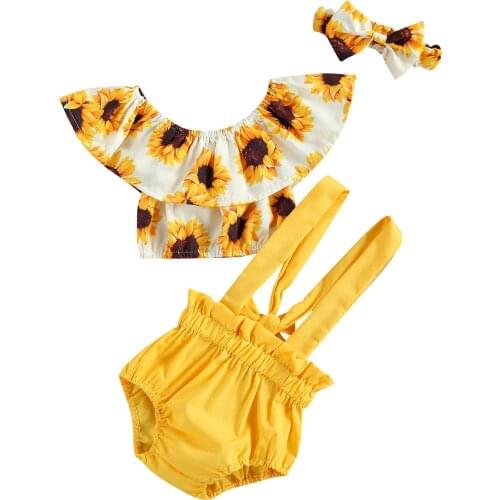FOCUSNORM 0-24M Summer Baby Girls Clothes Sets 3pcs Sunflowers Printed Off Shoulder T Shirts Suspender Shorts with Headband