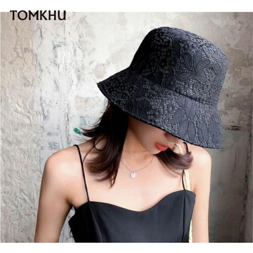 2020 New Fashion Lace Sun Hat Flat Top Flower Bucket Hats Light Weight Cap Black White Hat for Women Summer Dress Home Hat