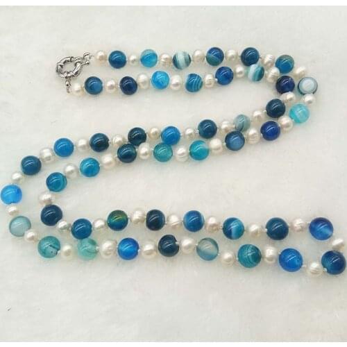 LJHMY String White Freshwater Pearl Blue agate Stone Necklace Long 30 inches