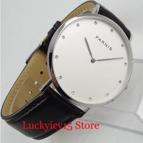 PARNIS Light Simple 41mm White Dial Sapphire Crystal Quartz Mens Watch With Leather Strap