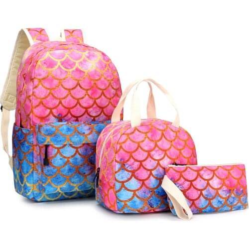2021 new mermaid three-piece set primary school schoolbag childrens meal bag pen bag