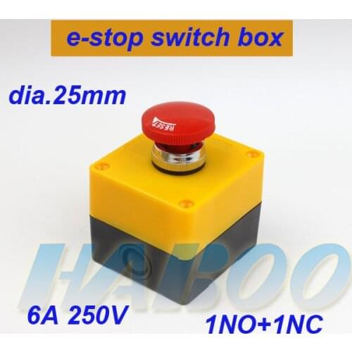 5PCS/LOT dia.25mm emergency stop switch with box power emergency switch 1NO+1NC mushroom head e-stop switch