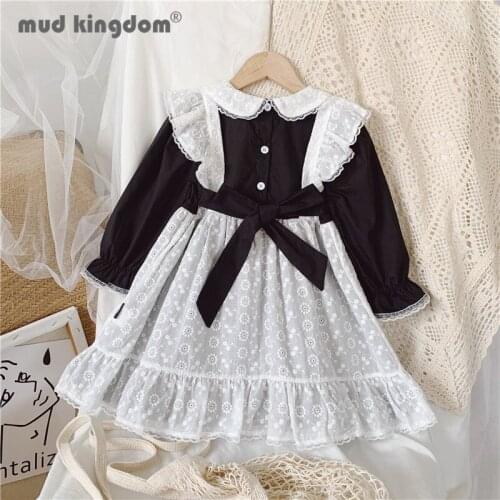 Mudkingdom Girls Lolita Dress Lace Bow Print Button Puff Long Sleeve Place Style Maid Outfit Dresses for Spring Autumn Clothes