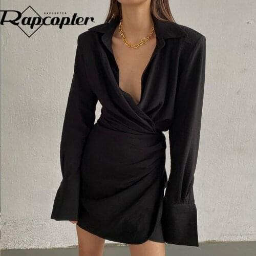 Rapcopter Solid Elegant Shirt Dress Turn Down Collar Long Sleeve Mini Dress Ruched Cross Autumn Party Dress Women Korean Vintage