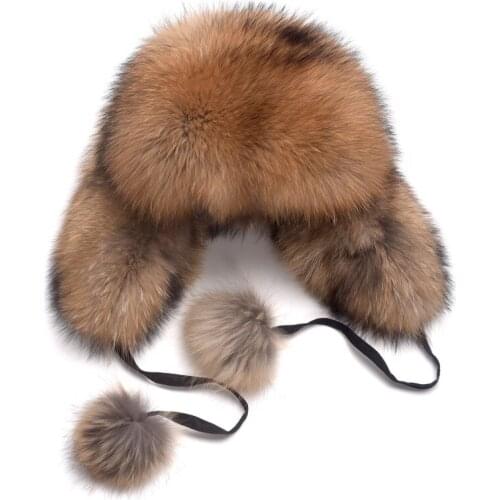 Winter Genuine Real Fox Fur Hat For Womens Russian Natural Raccoon Fur Thick Warm Bomber Hat Unisex Outdoor Plush Earflap Cap