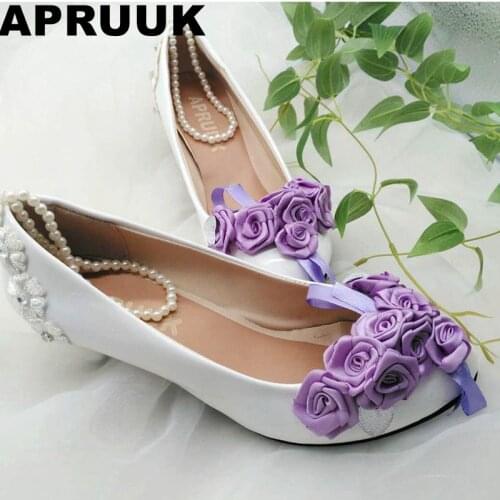 Beading ankle strap cute purple flower wedding shoes bride med heel bridal shoes wholesale retail evening party purple rose pump