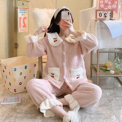 Women Autumn Winter New Thick Warm Coral Velvet Pajamas Set Leisure Home Suit Long Sleeve Daily Casual Sleepwear Nightclothes