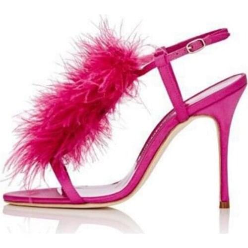 2019 Cute Fur Decor Fuchsia Pink Woman Sandals Buckle Strap Open Toe Elegant Pumps High Heeled Banquet Party Dress Shoes