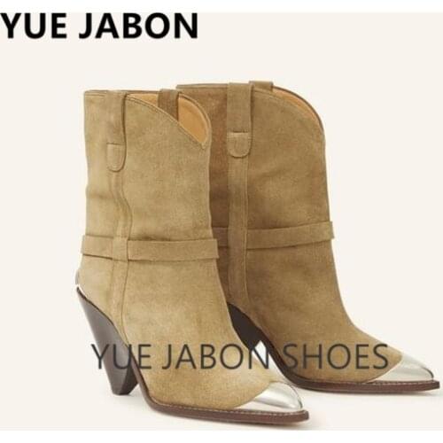 Sexy Metal Pointed Toe Ankle Boots Women Chic Spike Heels Short Boots Runway Genuine Leather cozy cowboy winter Shoes woman