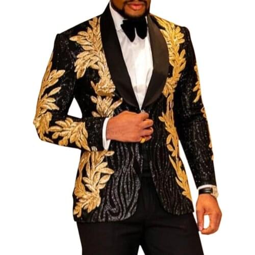 Men Suits For Wedding Business Tuxedoes Gold Embroidery Sequin Applique Casual Jacket Singer Performance Costume Two-piece Suit