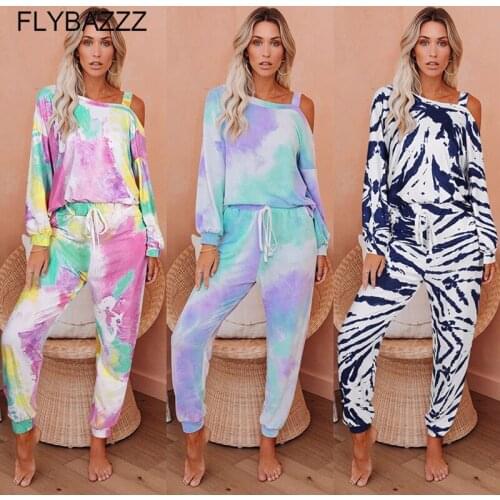 Tie Dye Print Off Shoulder Two Piece Yoga Sets Women Casual Outfits Home Wear Femme Long Sleeve Top Biker Pants Autumn Tracksuit