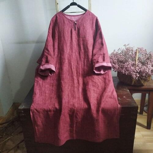 Women Autumn Loose Linen Robe Dress Ladies Vintage Flax Plus Size Dresses Female Spring 2020 Retro Dress