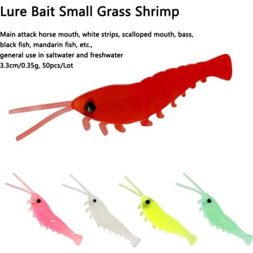 50pcs 3.3cm Soft Artificial Fishing Shrimp Lure Small Light Shrimp Bait Luminous Soft Plastic Prawn Fishing Bait Accessories