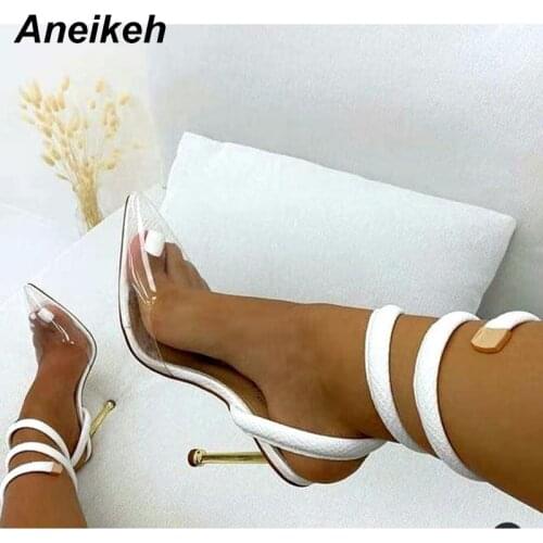 Aneikeh 2021 Summer PVC Womens Shoes Fashion Retro Shallow Narrow Band Pointed Toe High Heels Wedding Sandals Zapatos De Mujer
